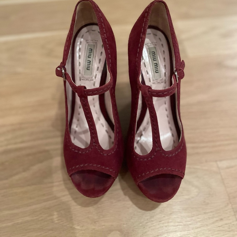 Miu Miu Burgundy Suede T-Strap Platform Heels